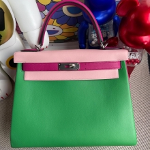 Hermes Kelly 28CM Swift Leather 1K Bamboo / 3Q Rose Sakura / L3 Rose Purple , Silver Hardware ,Full Handmade